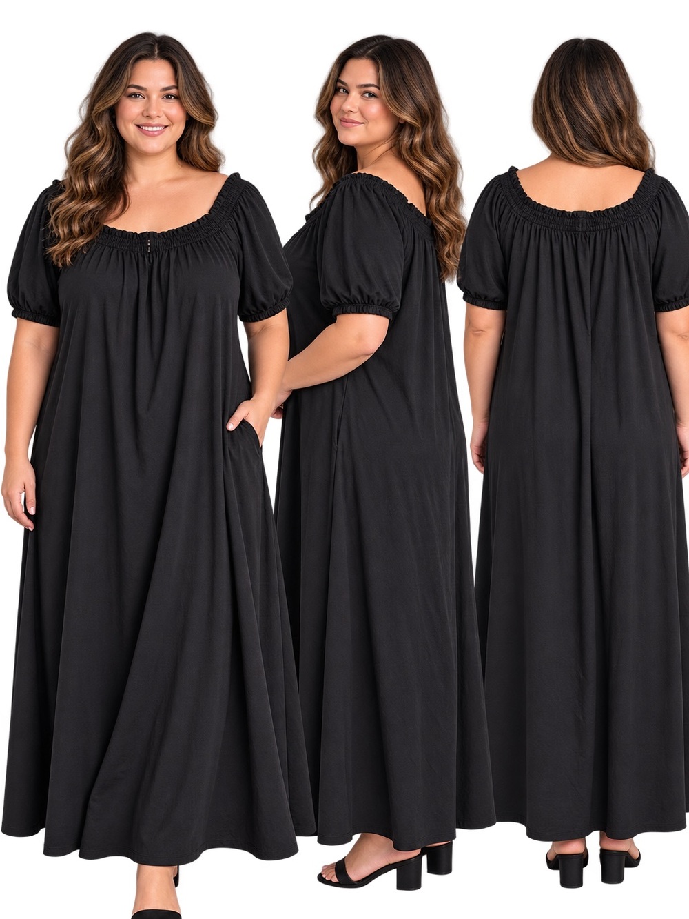 H&M Women’s Black Peasant Maxi Dress XXL Plus Size Puff Sleeve Boho NWT